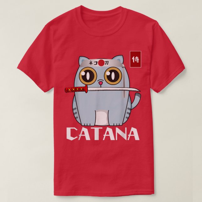 Catana Cat med Katana Cute Japansk samurai Cat O T Shirt (Design framsida)