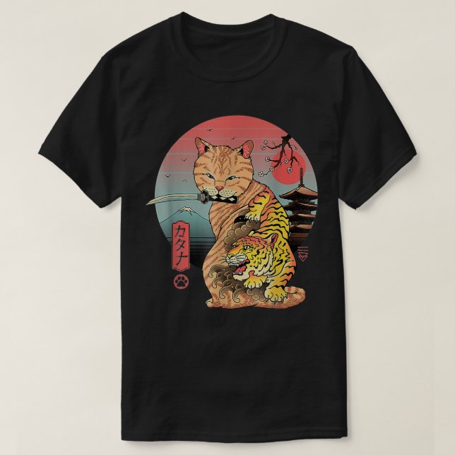 Catana in Edo Cat Attoed Samurai Cat Japansk konst T Shirt (Design framsida)