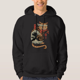 Catana Wave Cat Tattooed Samurai Cat Japansk konst Hoodie