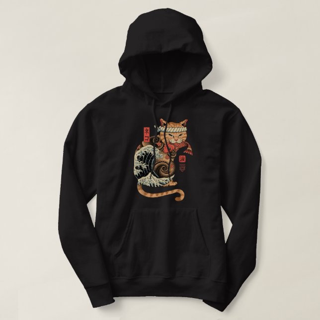Catana Wave Cat Tattooed Samurai Cat Japansk konst Hoodie (Design framsida)