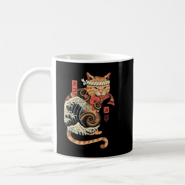 Catana Wave Cat Tattooed Samurai Cat Japansk konst Kaffemugg (Vänster)