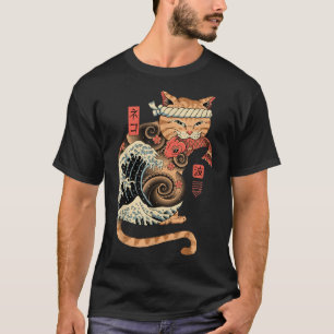 Catana Wave Cat Tattooed Samurai Cat Japansk konst T Shirt