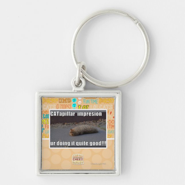 CATapillar Fyrkantig Silverfärgad Nyckelring (Framsidan)