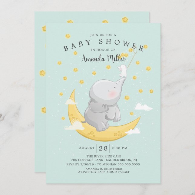 Catch A Star Bunny Elephant Baby Shower Inbjudningar (Fram/baksida)