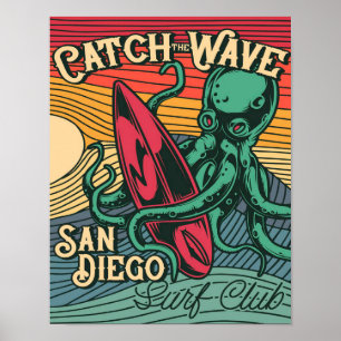 Catch the Wave Octopus Vintage Design Poster