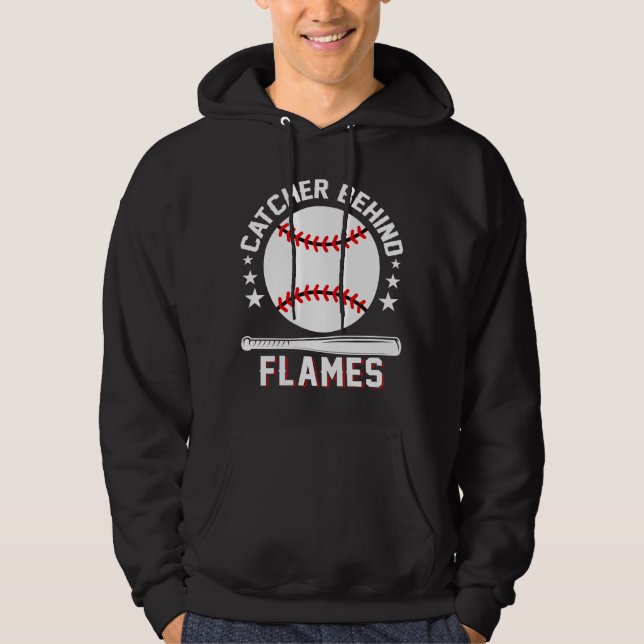 Catcher Behind Flames White Playing Baseball Hoodie (Framsida)
