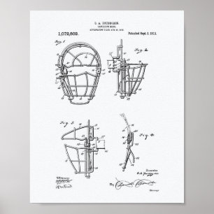 Catcher's Mask 1913 Patent Art White Papprare Poster