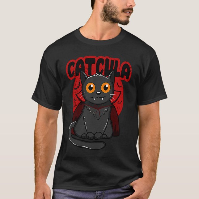 Catcula Halloween Kattunge Dracula Vampire Cat T Shirt (Framsida)