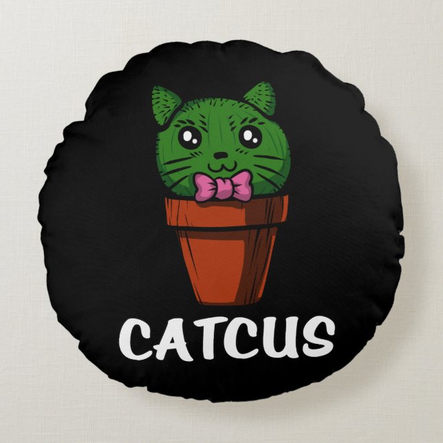 Catcus Funny Cactus Cat Cute Pet Kitten Rund Kudde (Framsidan)