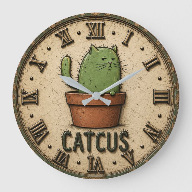 Catcus Funny Cactus Cat Stor Klocka (Framsida)