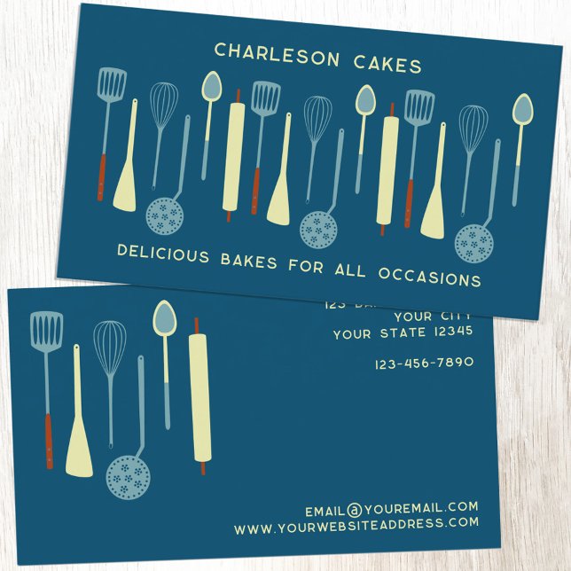 Catering för återkök visitkort (Retro kitchen utensils custom business card with editable text for baker, cook, catering, cafe, food)