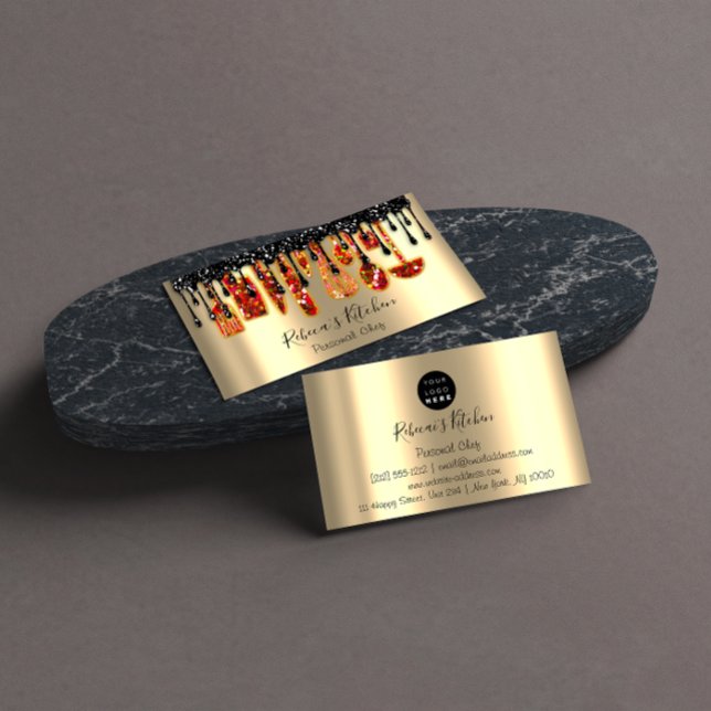 Catering Personal Chef Restaurant Drip Red Guld Visitkort (Catering Personal Chef Restaurant Drip Red Gold Business Card)