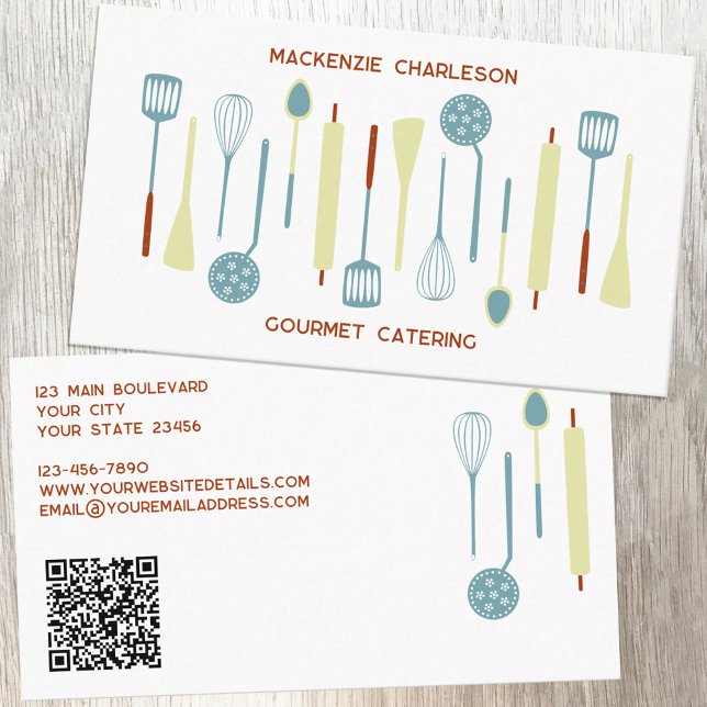 Catering Retro Kitchen QR-kod Visitkort (Retro kitchen utensils QR code catering cafe restaurant bakery custom business card)