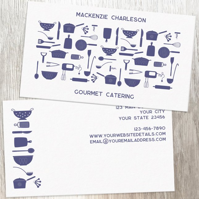 Catering Visitkort (Blue and white retro kitchen utensil catering, bakery, cafe, restaurant, cook ro chef business card)