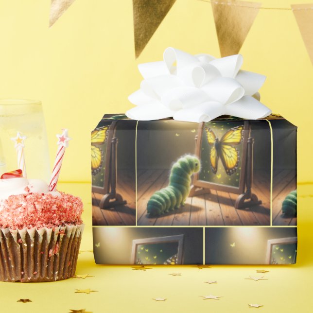 Caterpillar Looking At a Butterfly In a Mirror Presentpapper (Födelsedagsfest)