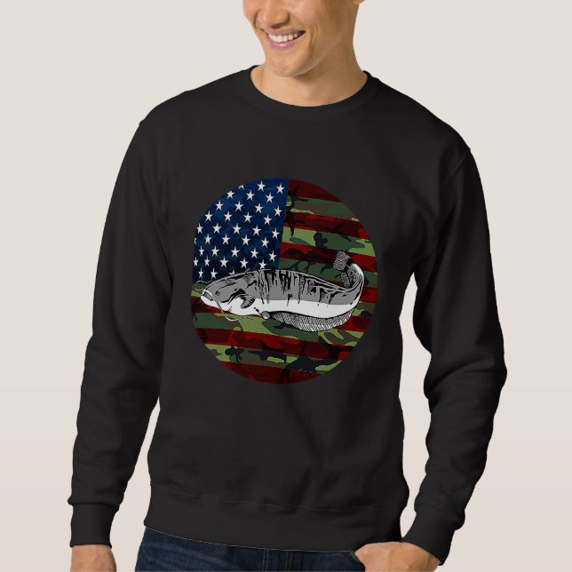 Catfish Fishing America USA Flag Camouflage Fishin Lång Ärmad Tröja (Framsida)