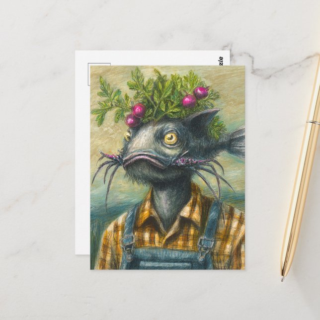 Catfish Gardener Surreal Vykort (Fram/Back In Situ)