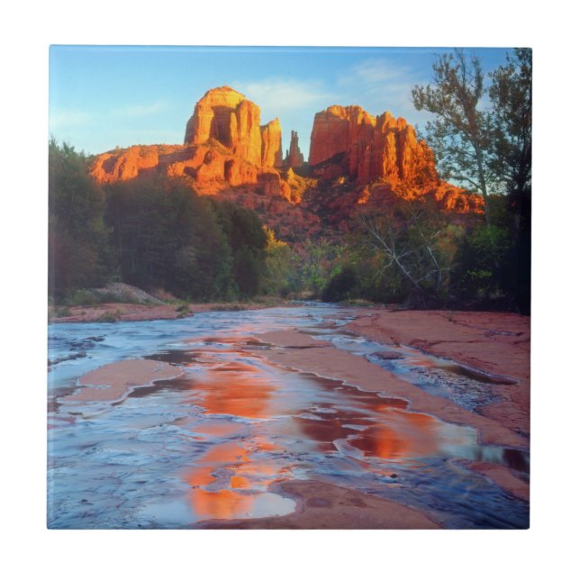 Cathedral Rock reflekteras i Oak Creek vid solnedg Kakelplatta (Framsidan)