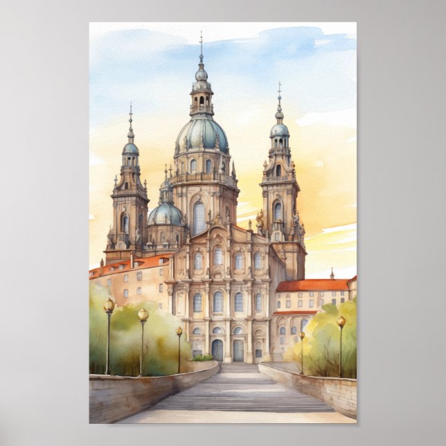 Cathedral Santiago Spain Berömd Travel Ställe Poster (Framsidan)