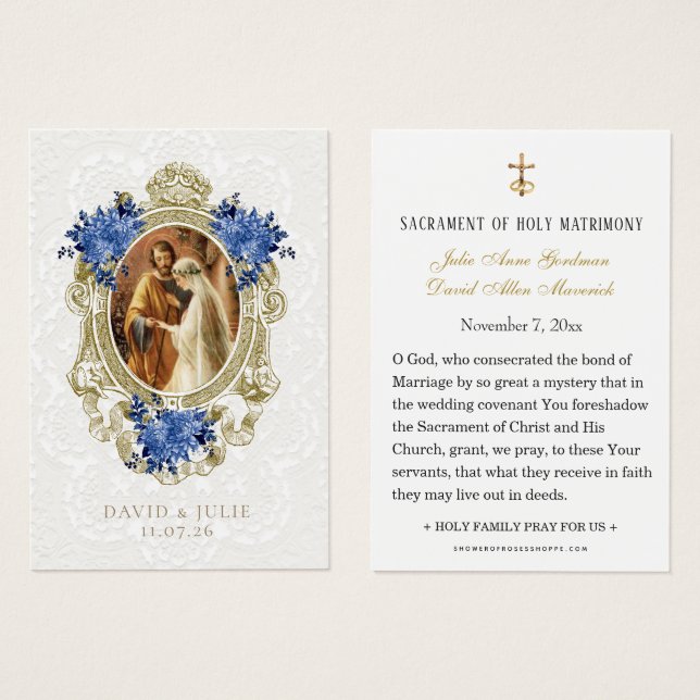 Catholic Blue Floral Gold Wedding Holy Card Visitkort (Framsida & baksida)