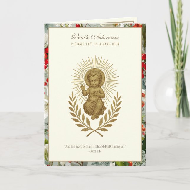 Catholic Christmas Baby Jesus Poinsettia Helgkort (Framsida)