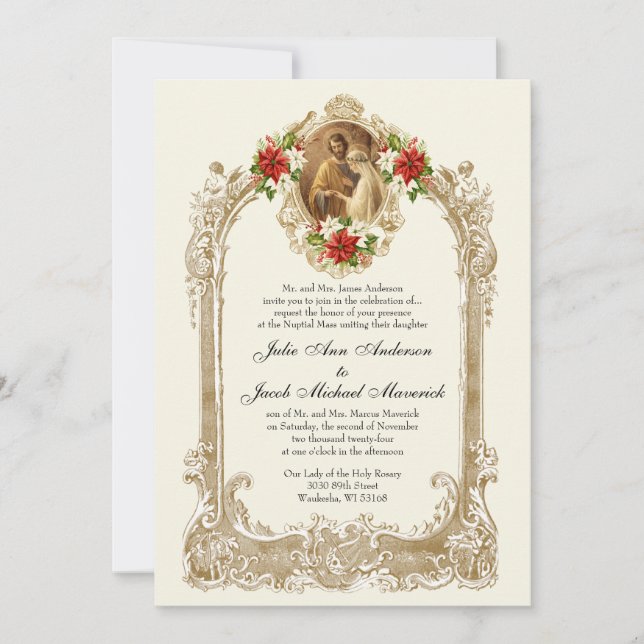 CATHOLIC CHRISTMAS POINSETTIA WEDDING INVITATIONS INBJUDNINGAR (Framsida)