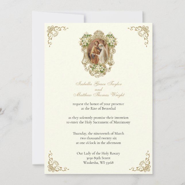 CATHOLIC FLORAL GOLD  BETROTHAL INVITATIONS INBJUDNINGAR (Framsida)