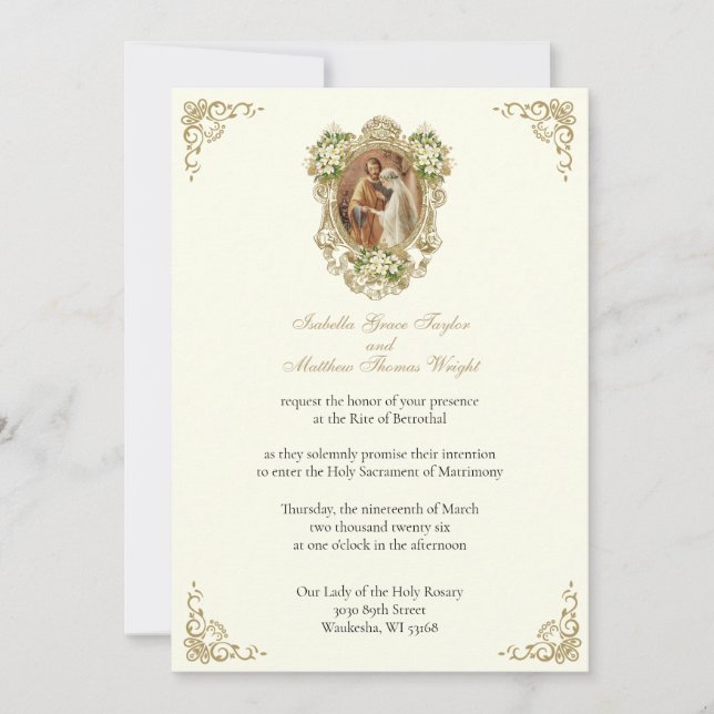 CATHOLIC FLORAL GOLD  BETROTHAL INVITATIONS INBJUDNINGAR (Framsida)
