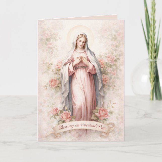 Catholic Mother Mary Pink Roses Valentine Helgkort (Framsida)