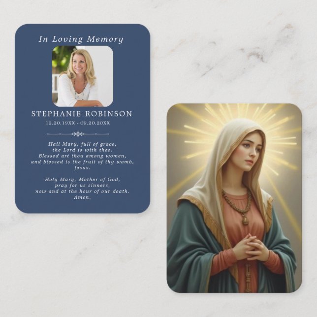 Catholic Virgin Mary Memorial Blue Prayer Card Visitkort (Fram/baksida)