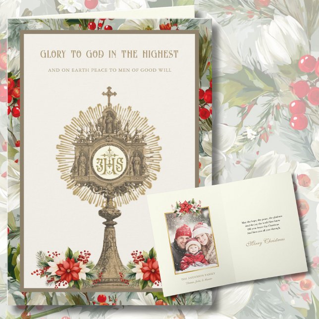 Catholic with Gold Monstrance Poinsettias Photo Helgkort (Skapare uppladdad)