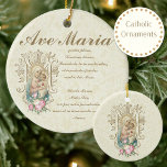 Catholik Virgin Mary Ave Maria Baby Jesus Blommigt Julgransprydnad Keramik<br><div class="desc">Detta är en vacker anpassningsbar designad traditionell katolsk bild av den välsignade jungfrun Mary som håller Baby Jesus med vintage ro överlagd på en Marian-Kor med den heliga Mary på latin. Bakgrunden är en vit elfenbensformgivning snöre. Baksidan av prydnaden har en större version av Mary och Jesus.</div>