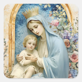 Catholik Virgin Mary Baby Jesus Blommigt Fyrkantigt Klistermärke