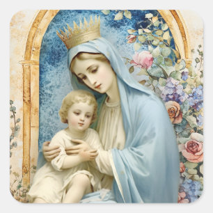 Catholik Virgin Mary Baby Jesus Blommigt Fyrkantigt Klistermärke