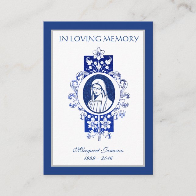 Catholik Virgin Mary Blue Funeral Sympathy Prayer Placeringskort (Framsida)