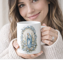 Catholik Virgin Mary Prayer Blues Blommigt Kaffemugg