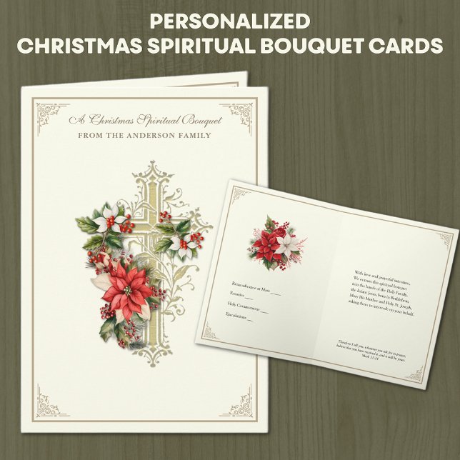 Catholique Andlig Bouquet Prayer Rosary Helgkort (Traditional Christmas Catholic Spiritual Bouquet Card With Gold Cross and Red Poinsettias )