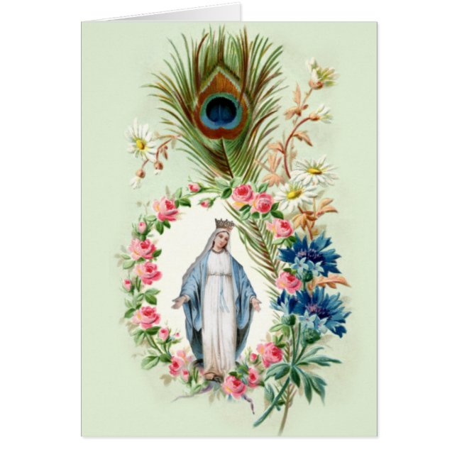 Catholique Virgin Mary Religiösa Blommigt Peacock Hälsningskort (Framsidan)