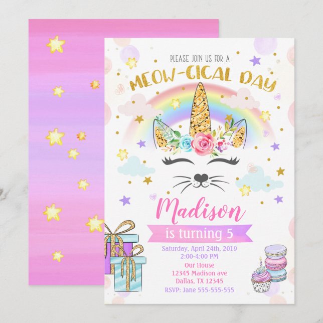 Caticorn Birthday bjudande, Magic Unicorn Cat Inbjudningar (Fram/baksida)