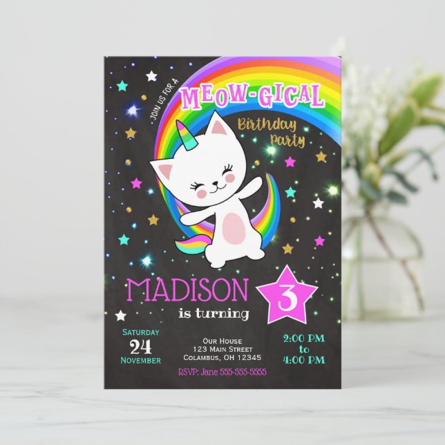 Caticorn Birthday Investigation, Cat Rainbow Inbjudningar (Stående Fram)