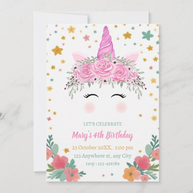 Caticorn Birthday Invitation cati corn invite Inbjudningar (Framsida)