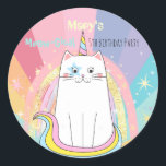 Caticorn Cat Meow-Gical Birthday Kid Runt Klistermärke<br><div class="desc">Magic Caticorn meow-gical Birthday line for Girls. Cute,  pastellregnbåge med enmajs och stjärnor av katt. Andra leveranser från party finns också tillgängliga. Allt redigerbart!</div>