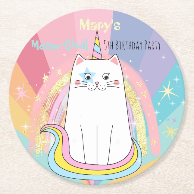 Caticorn Cat Meow-Gical Birthday Kid Underlägg Papper Rund (Framsidan)
