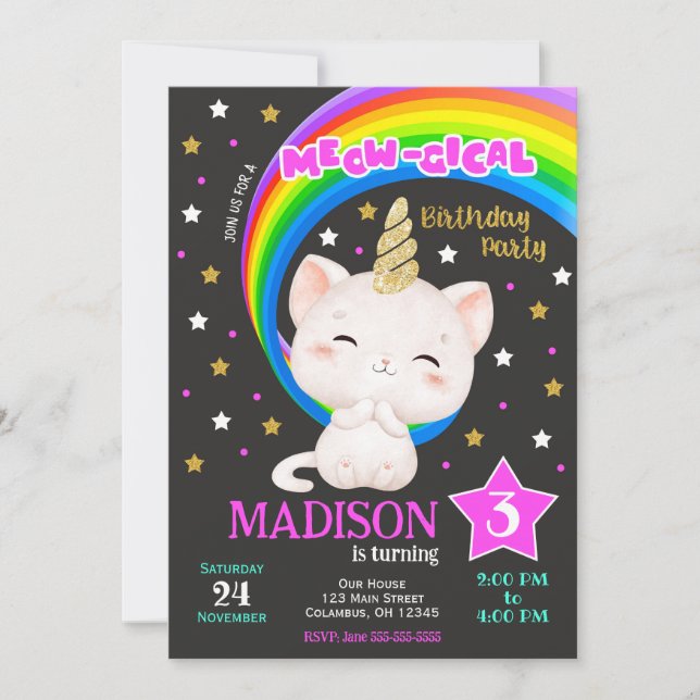 Caticorn Födelsedagsinbjudan, Katt Regnbåge Inbjudningar (Framsida)