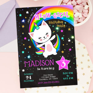 Caticorn födelsedagsinbjudan, Katt Regnbåge Inbjudningar