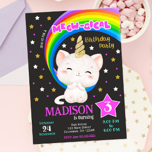 Caticorn Födelsedagsinbjudan, Katt Regnbåge Inbjudningar