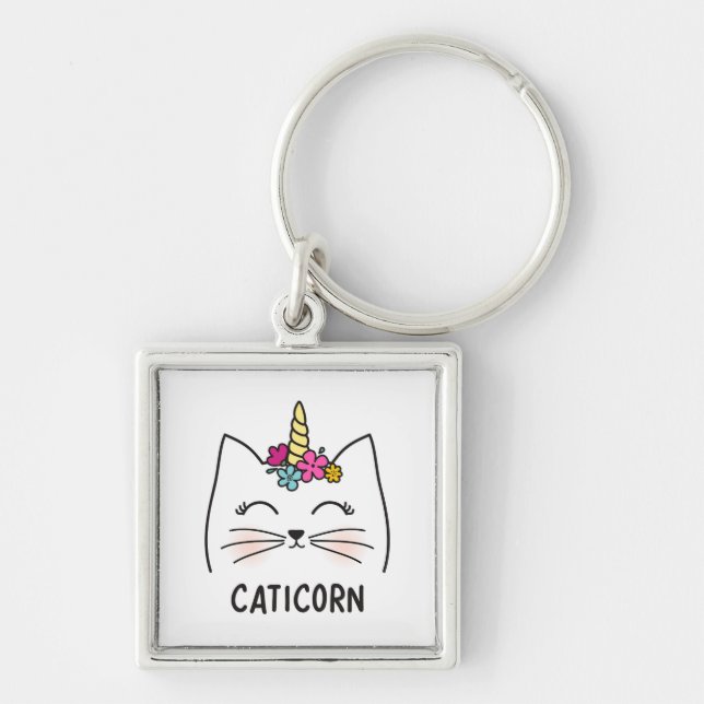 Caticorn Fyrkantig Silverfärgad Nyckelring (Framsidan)
