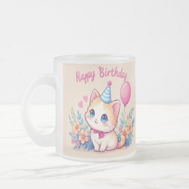 Caticorn Kawaii Birthday Mug Frostad Glasmugg (Vänster)
