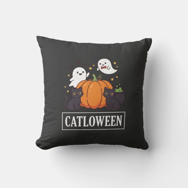 Catloween Roligt Halloween Katt Spöktomte Pumpa De Kudde (Framsida)