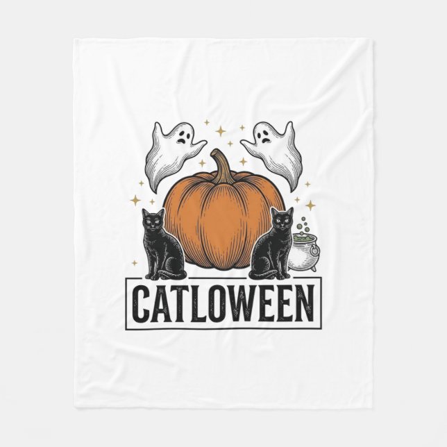 Catloween Svart Katt Spöke Halloween Vektor Design Fleecefilt (Framsidan)